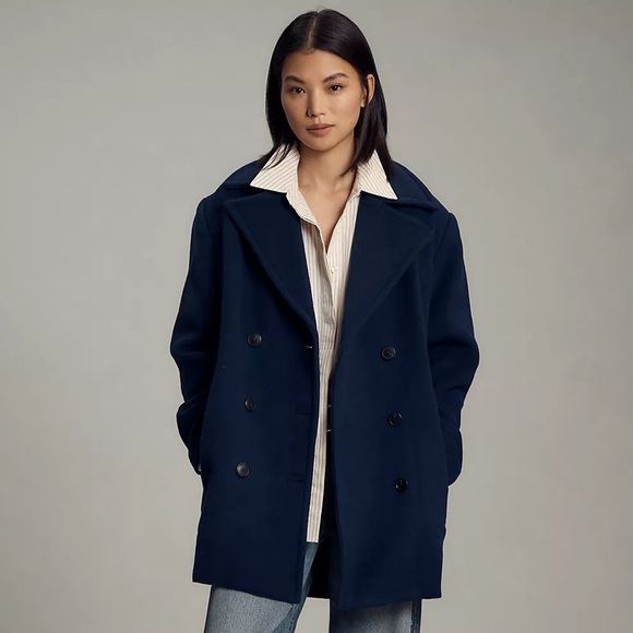 NWT! Anthropologie Navy Maeve Double-Breasted Wool-Blend Coat - Medium 💎 - Picture 1 of 7